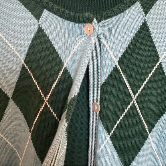 Lands’ End 100% Supima Cotton Argyle Cardigan Green Blue Women’s Size Large - Picture 4 of 11